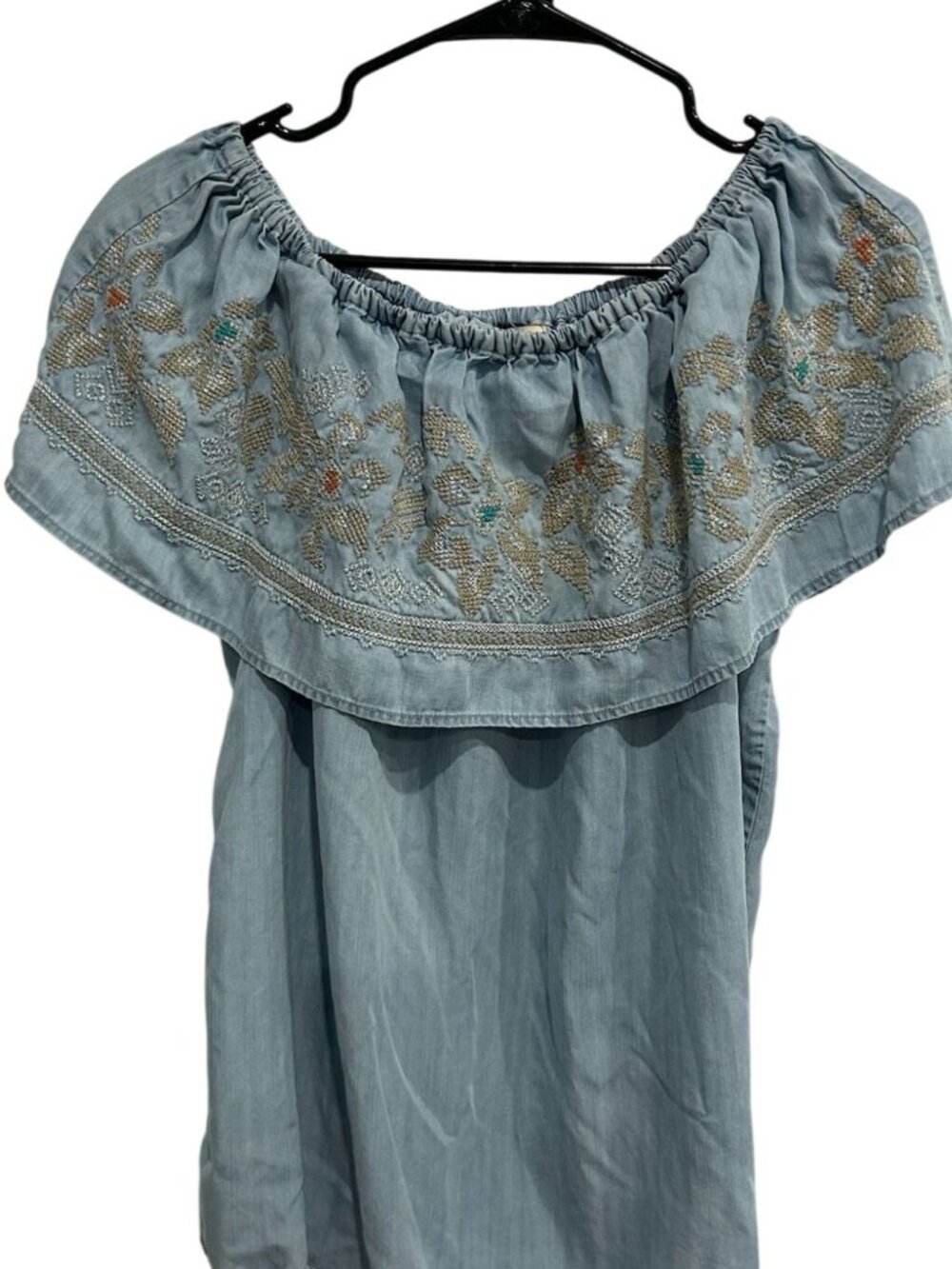 Reba XL Light Blue Embroidered Off-Shoulder Tencel Top Boho Chic Cottagecore